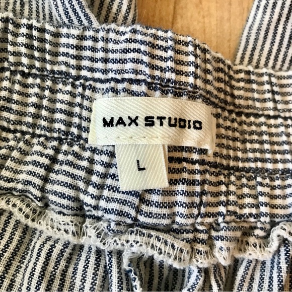MAX STUDIO Wide Leg Cropped Pants Linen Blend Striped Navy Blue Cream - Picture 3 of 9